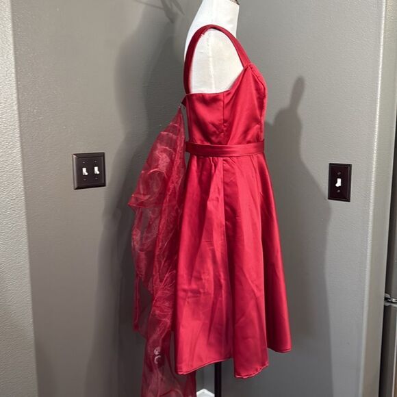 David's Bridal Red Satin Dress F14556 with Sheer Shawl Tea length Wide Strap - Picture 8 of 11